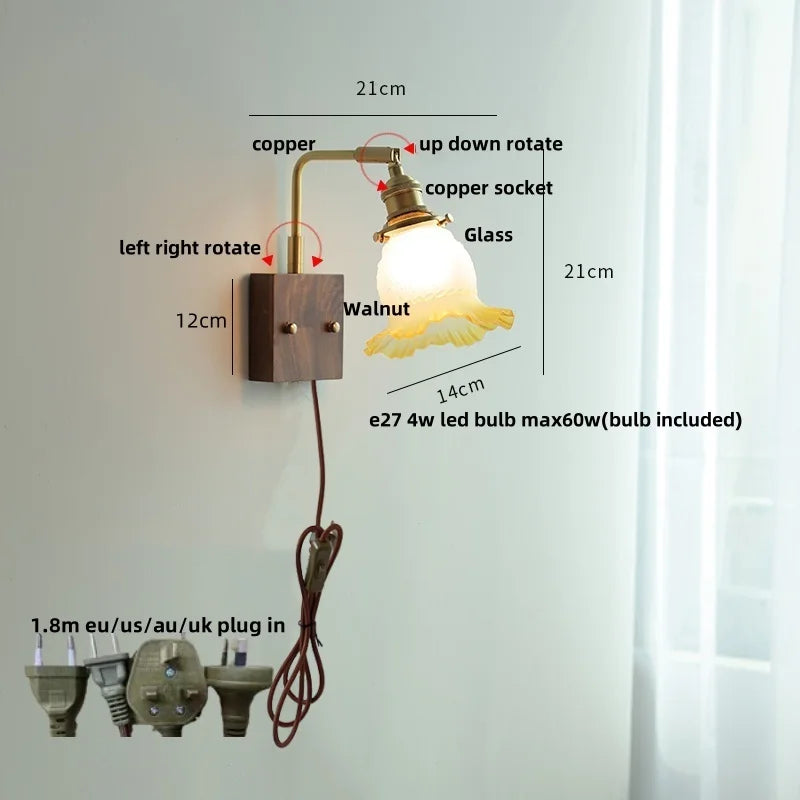 Afralia™ Glass Pink LED Wall Sconce, Pull Chain Switch, Walnut Wood Bedside Lamp