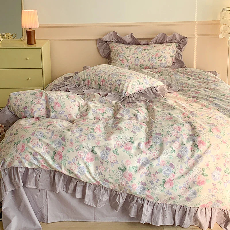 Afralia™ French Floral Cotton Bedding Set with Big Lace Ruffles, Fresh Flowers