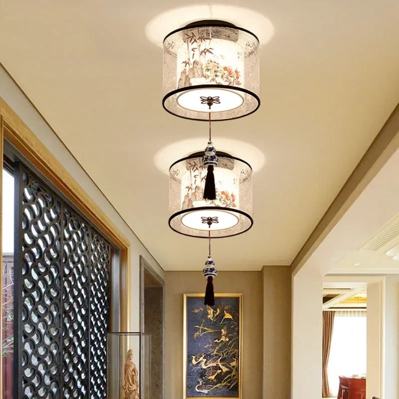 Afralia™ Lotus Chinese Chandelier Ceiling Lamp Simple Corridor Painting LED Lighting