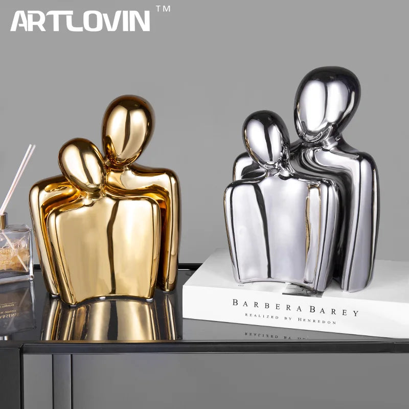 Modern Ceramic Embrace Couple Sculpture by Afralia™ - Frosted Abstract Lover Bust Statues