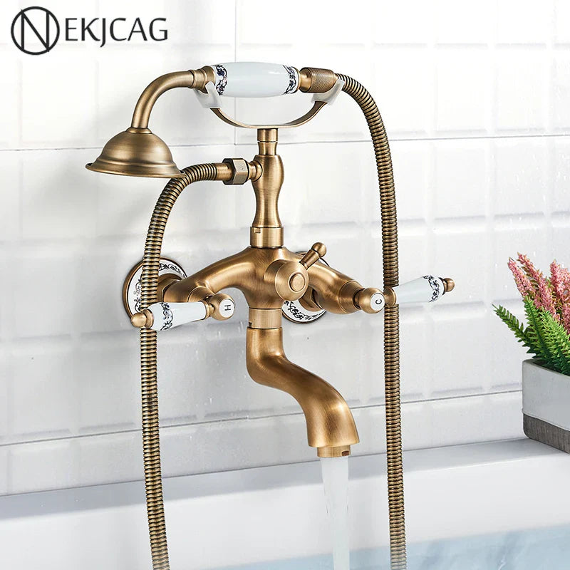 Afralia™ Antique Brass Telephone Shape Wall Mounted Bathtub Faucet