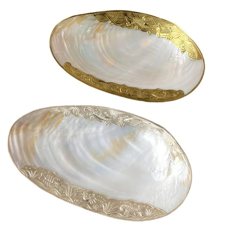 Afralia™ Shells Jewelry Tray, Light Luxury Gold-rimmed, Living Room Decor, Tabletop Fruit Tray