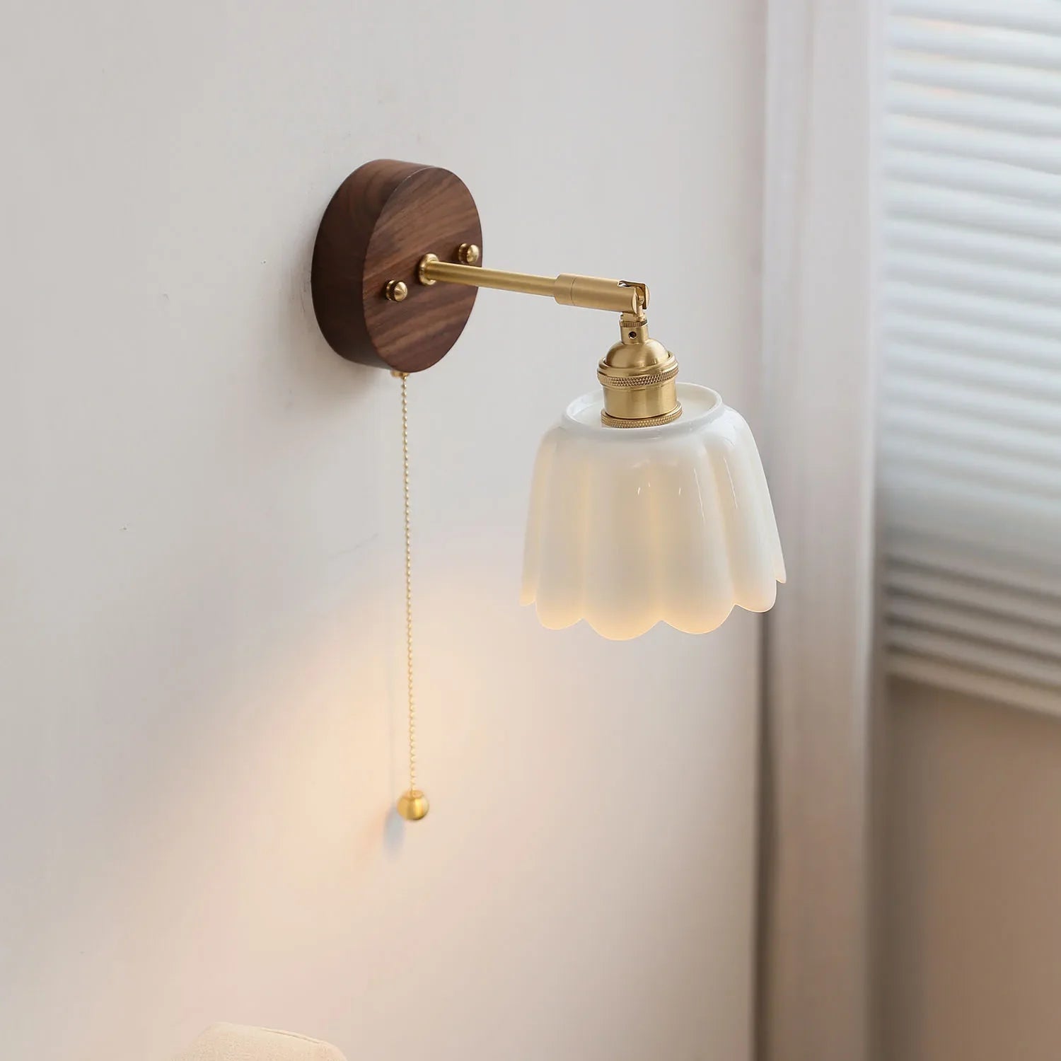 Afralia™ White Flower Ceramic LED Wall Sconce with Wood Base and Copper Rotate