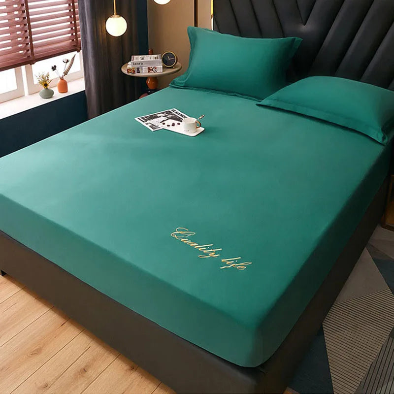 Afralia™ Silky Embroidered Fitted Sheet Set Queen Size Solid Color Luxury King Bedsheet