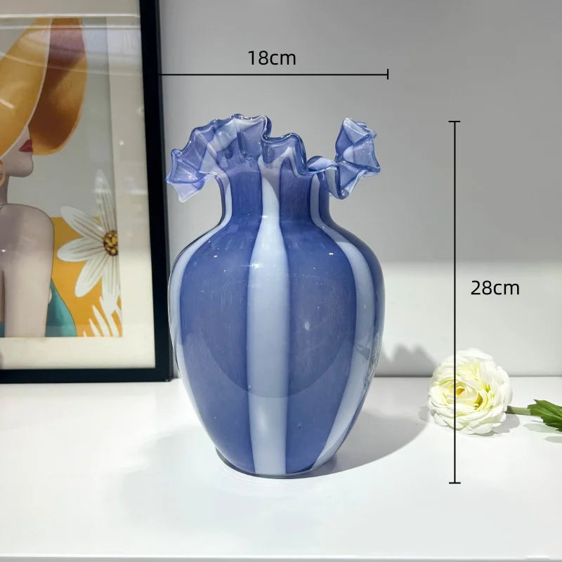 Afralia™ Striped Glass Vase Wavy Edge Flower Pot Terrarium Room Decoration