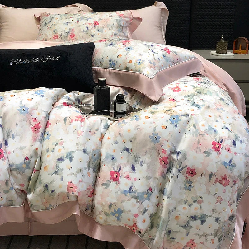 Afralia™ Rose Flowers Bamboo Fiber Bedding Set: Soft & Silky, 1 Duvet Cover, 2 Pillowcases, 1 Flat Sheet