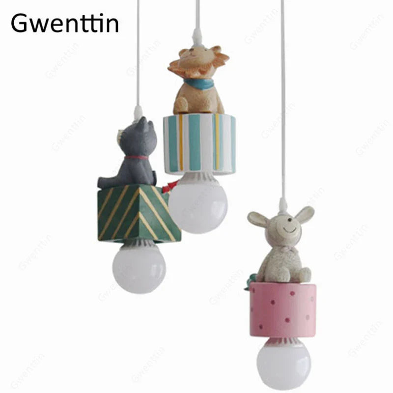 Afralia™ Kids Animal Pendant Lamp: Rabbit Lion Cat LED Ceiling Light Fixture