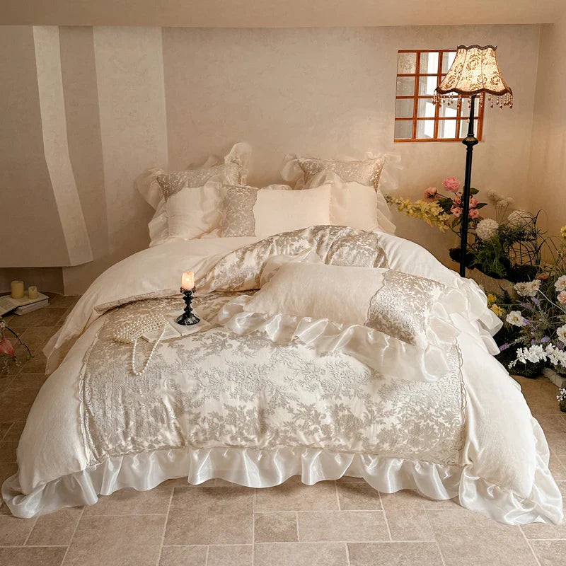 Afralia™ French Lace Ruffles Princess Bedding Set with Warm Milk Velvet Duvet Cover