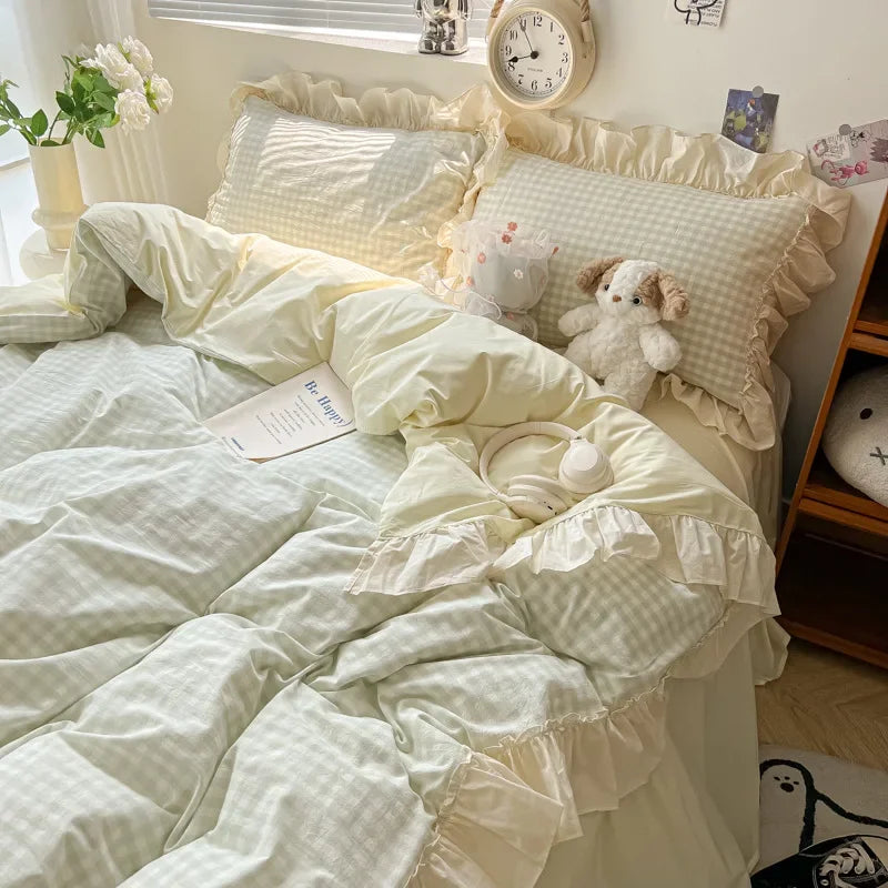 Afralia™ Korean Grid Lace Washed Cotton Bedding Set, Cozy Comforter Cover Single Double Queen