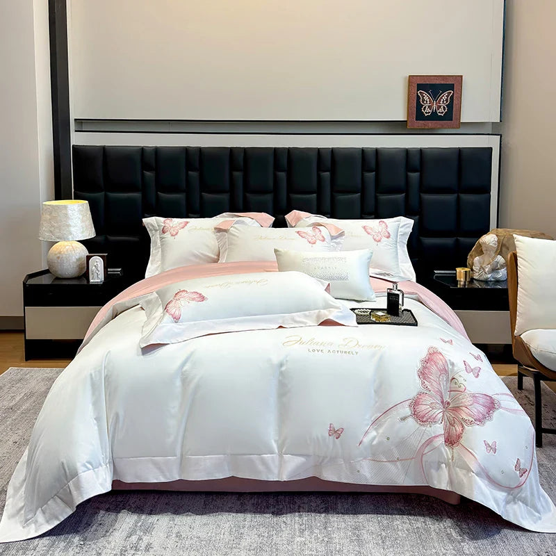 Afralia™ Butterfly Embroidery 100% Egyptian Cotton Bedding Set with Luxury Duvet Cover