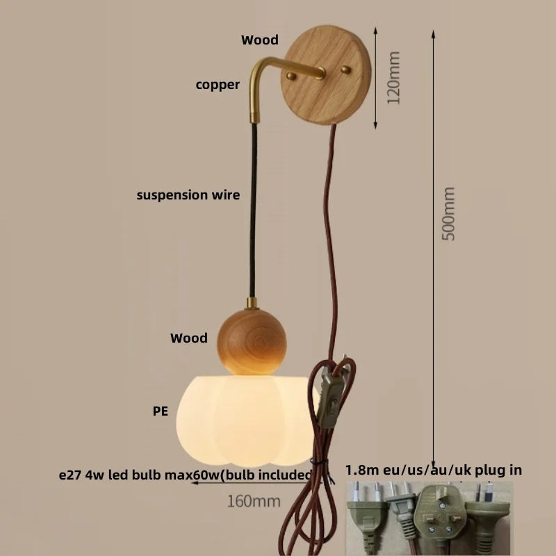Afralia™ Walnut Wood LED Wall Lamp Sconce Pull Chain Switch Adjustable Art Light