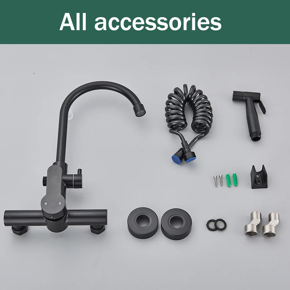 Afralia™ Black SUS 304 Wall Mounted Gourmet Kitchen Faucet with Extendable Bidet
