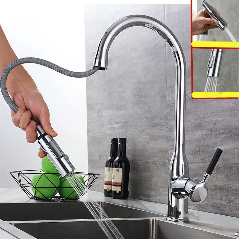 Afralia™ Pull Down Single Handle Kitchen Faucet in Sleek Black and Chrome Brushed Finish