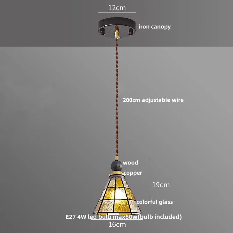 Afralia™ Tiffany Glass LED Pendant Lights: Modern Nordic Copper Wood Hanging Lamp