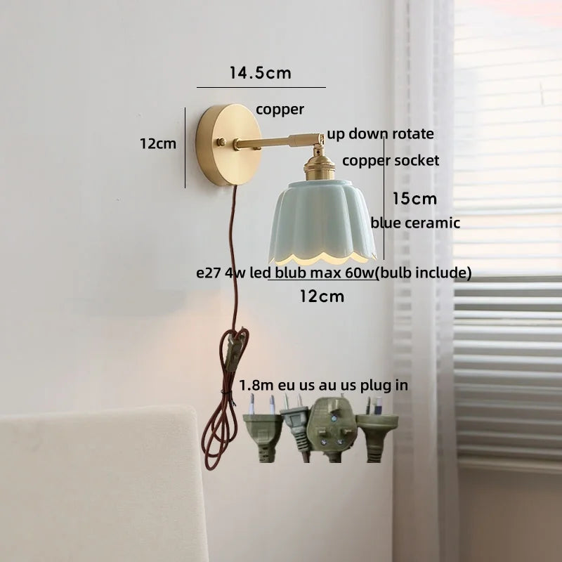 Afralia™ Copper Wall Light Fixture Bedroom Bedside Sconce White Ceramic Lamp