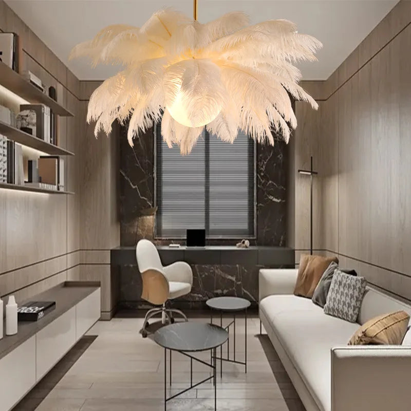 Afralia™ Ostrich Feather Gold Chandelier Lighting: Nordic Style Rod Hanging LED Chandelier for Living Room