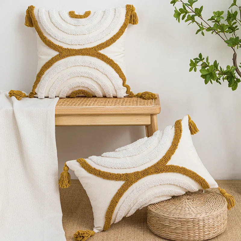 Geometric Embroidered Cotton Pillow Case with Fringed Tufting by Afralia™ for Sofa