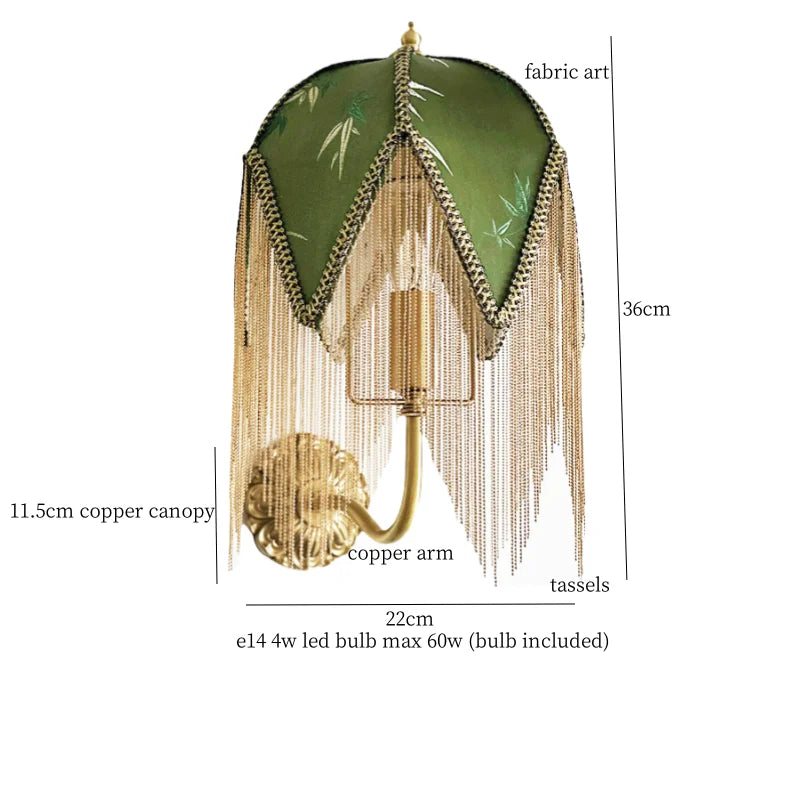 Afralia™ Fabric Tassel LED Wall Lamp Vintage Copper Arm for Bedroom Living Room