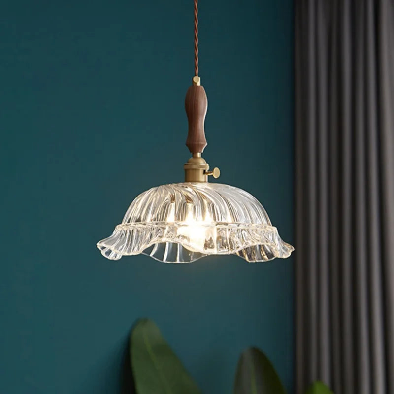 Afralia™ LED Pendant Light Fixture Wood Handle Clear Glass Modern Hanging Lamp