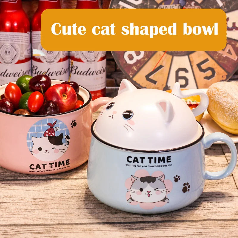 Afralia™ Ceramic Cat Mug with Spoon, Lid | Large Capacity Ramen Bowl Tiger Pig