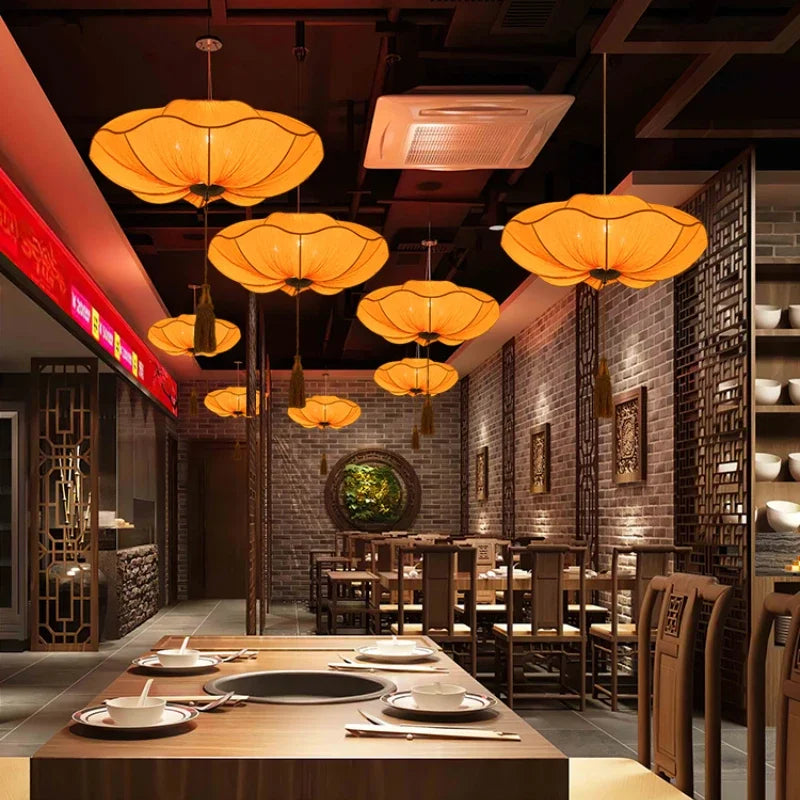 Afralia™ Lotus Leaf Lantern Pendant Light Handmade Fabric Hanging Lamp for Kitchen & Restaurant