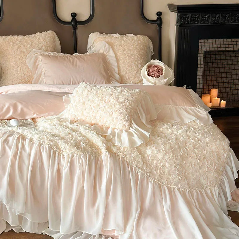 Afralia™ Rose Lace Bedding Set: Romantic Princess Wedding Duvet Cover Bed Sheet Pillowcases