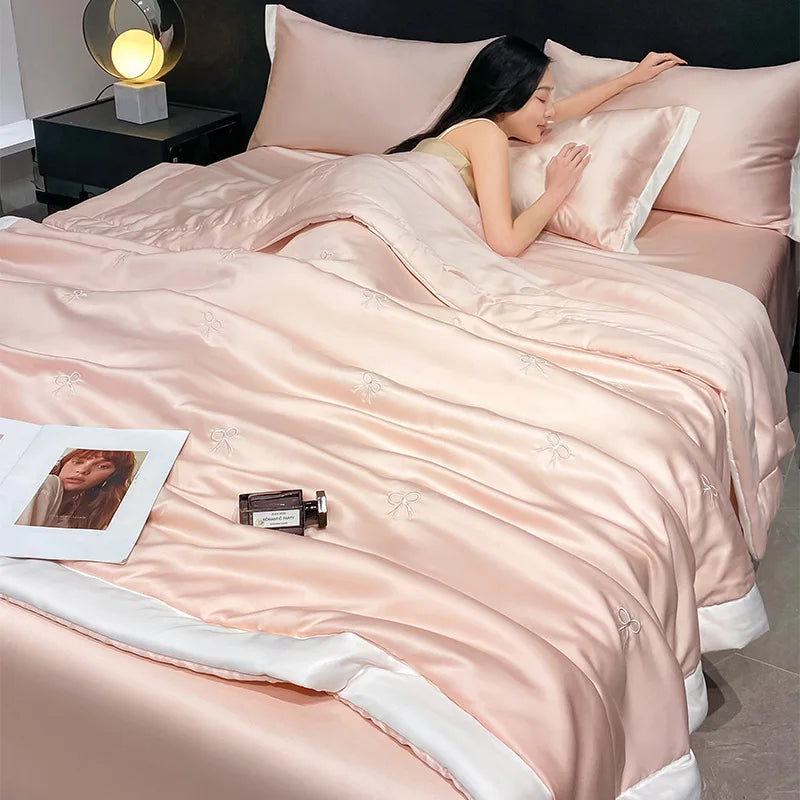 Afralia™ Bowknot Embroidered Summer Bedding Set - Soft & Skin-friendly Quilt, Duvet, Pillowcases