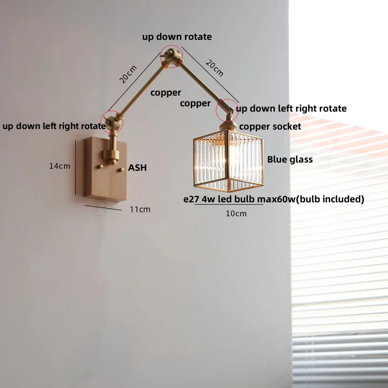Afralia™ Ash Wood LED Swing Arm Wall Light with Pull Chain Switch & Blue Glass