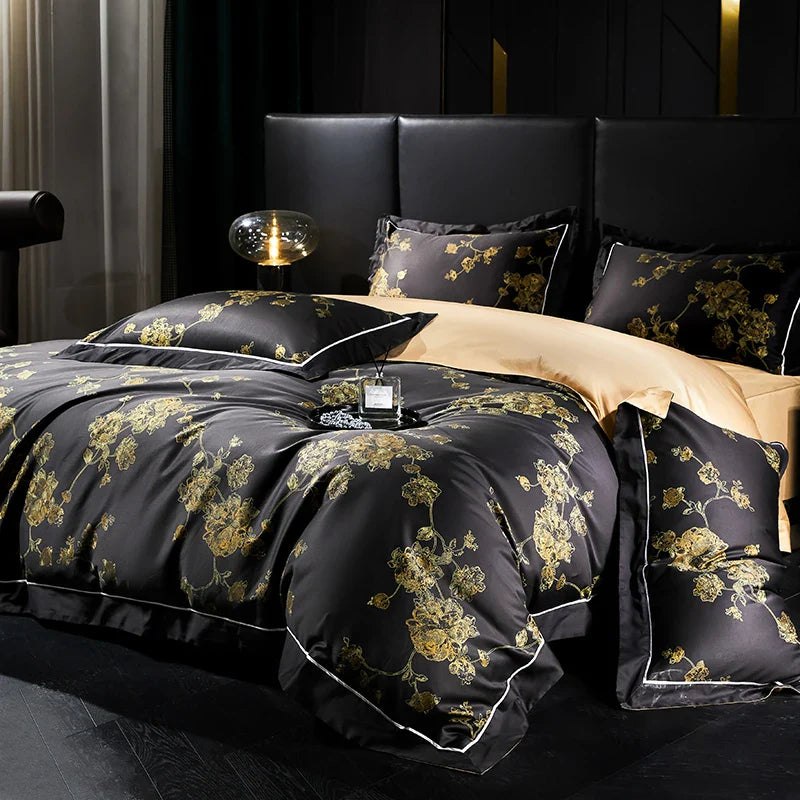 Afralia™ Gold Flowers Luxury Egyptian Cotton Bedding Set with 1000TC Soft Duvet Cover, Sheets, Pillowcases