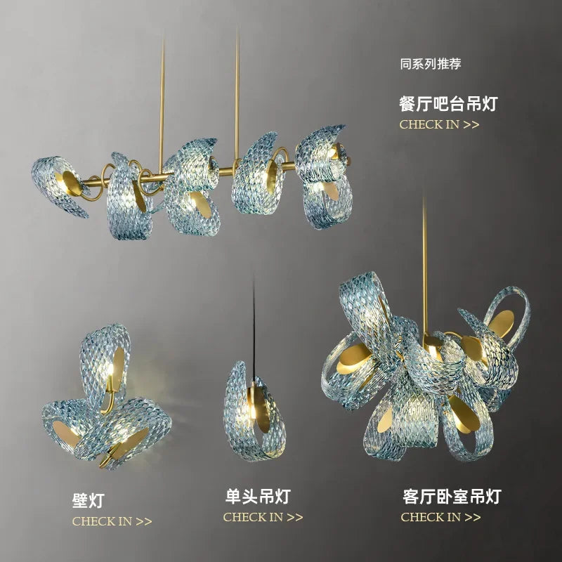 Afralia™ Elegant Blue Copper LED Flower Ceiling Chandelier for Living Dining Bedroom & Salon