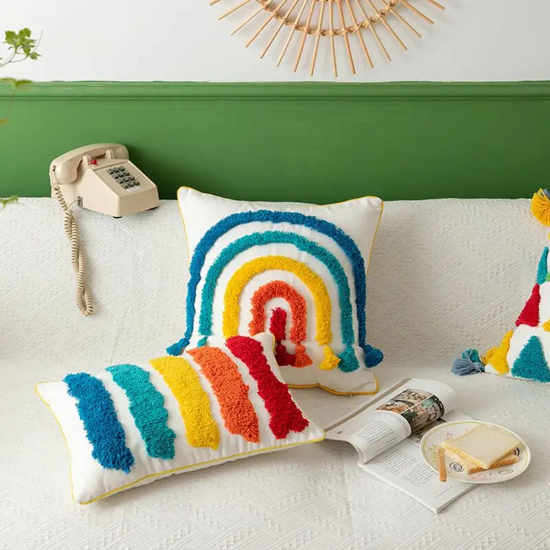 Afralia™ Rainbow Tassel Sofa Cushion Cover 45x45 - Boho Home Decor Pillowcase