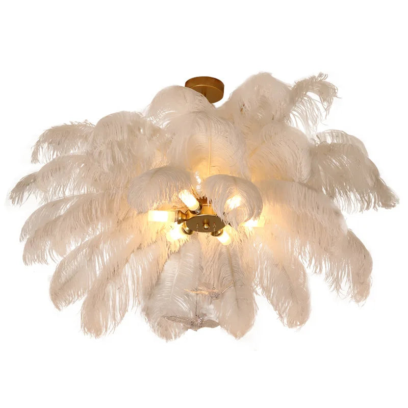 Afralia™ Ostrich Feather Gold Chandelier Lighting: Nordic Style Rod Hanging LED Chandelier for Living Room