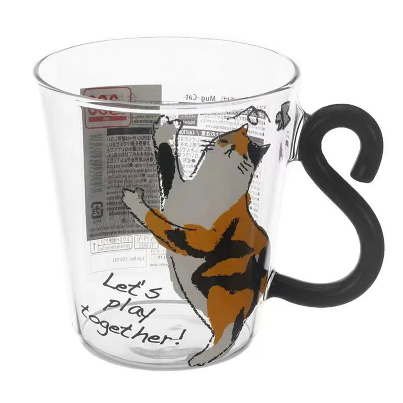 Glass Cat Tail Handle Mug, 300ml, Cute Cartoon Kitty Print, for Coffee, Tea, Milk - Afralia™