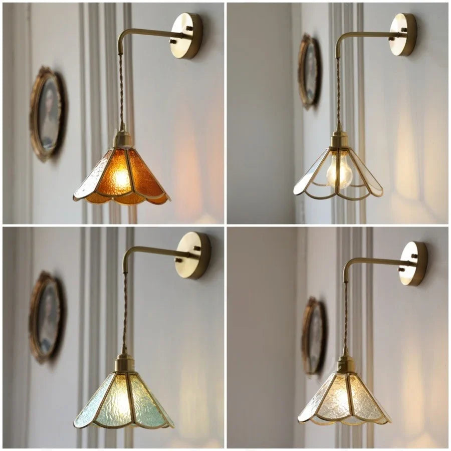 Afralia™ Tiffany Glass LED Wall Sconce with Copper Socket and Pull Chain Switch