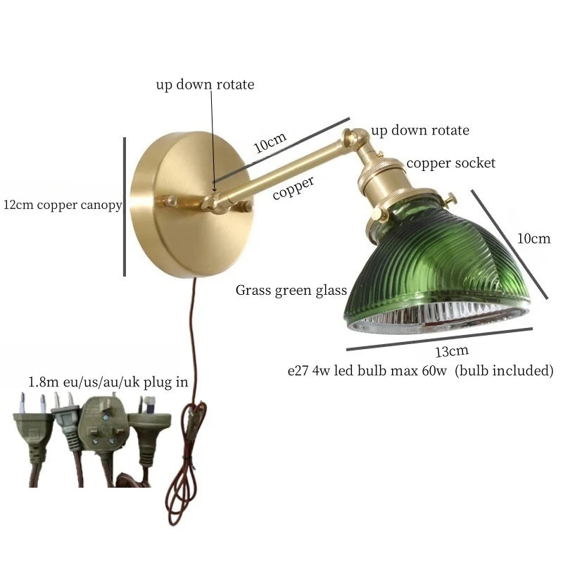 Afralia™ Green Glass LED Wall Sconce, Pull Chain Switch, for Bedside, Bathroom, Living Room