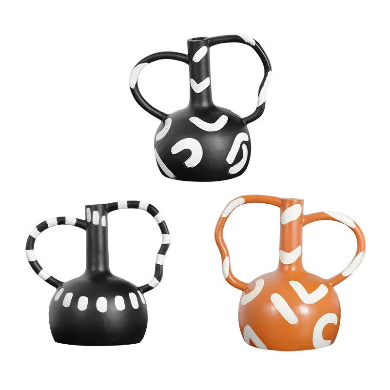 Afralia™ Geometric Striped Vase with Abstract Handle for Home Decoration