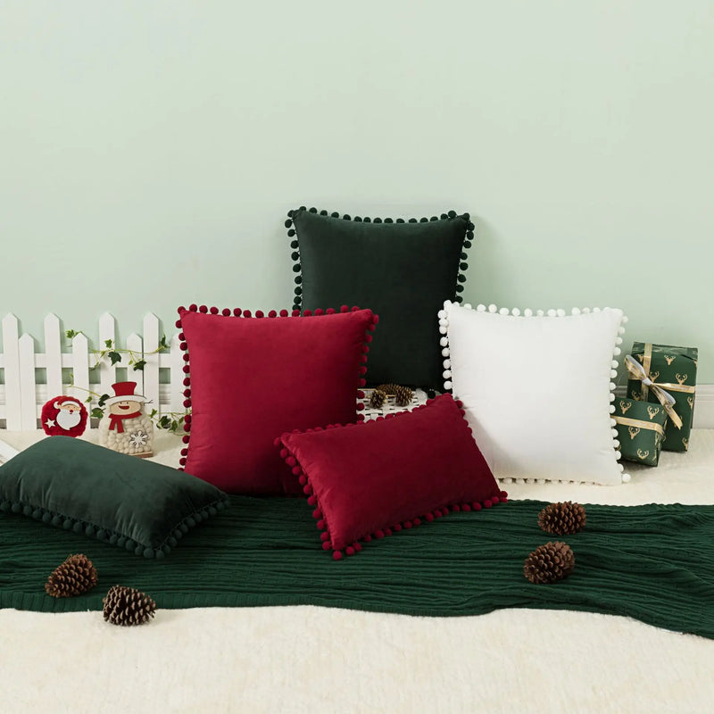 Afralia™ Velvet Pompom Ball Christmas Cushion Covers - Red Green White Soft Decor for Home