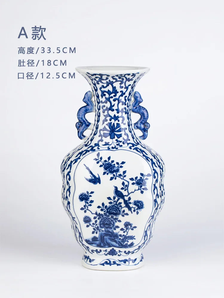Afralia™ Blue White Porcelain Flower Bird Two Ear Vase Antique Ornaments Jingdezhen