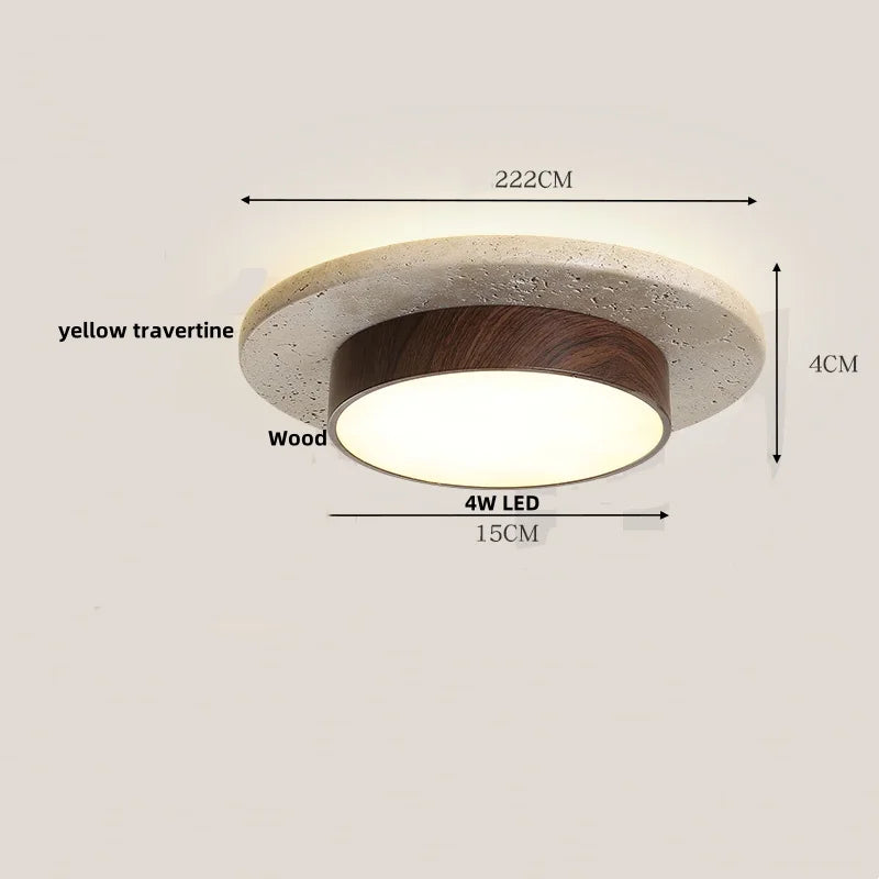 Afralia™ Japan Style LED Ceiling Light Yellow Travertine Stone Wood Base Bedroom Luminaire