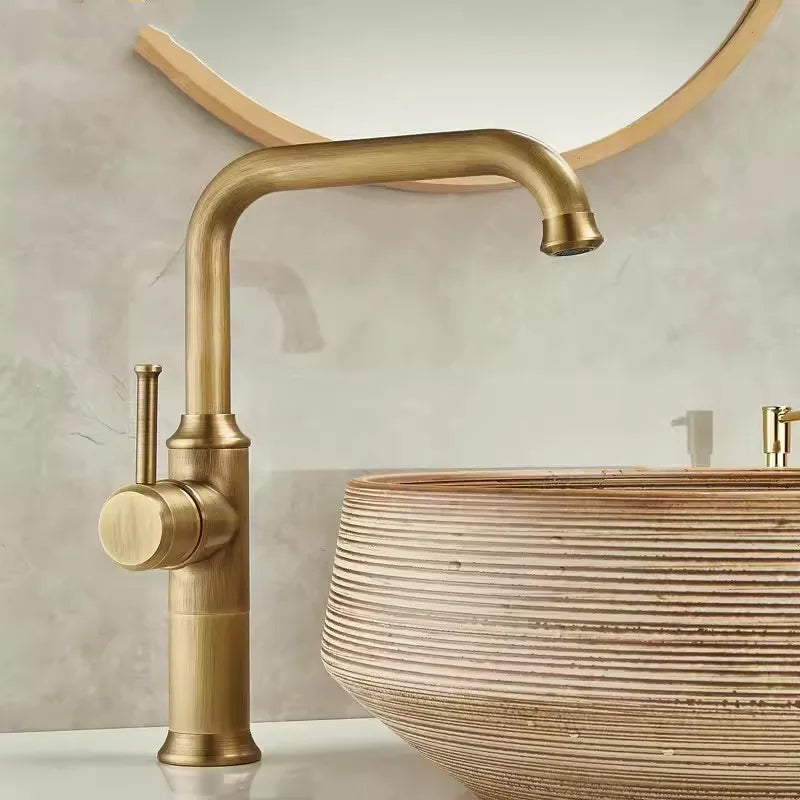 Afralia™ Antique Brass Basin Faucet Hot Cold Single Lever Bathroom Sink Tap