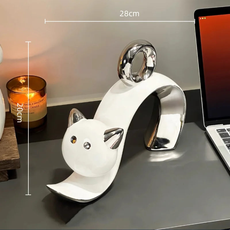 Afralia™ Ceramic Cat Figurines: Adorable Cartoon Silver Little Cat Sculpture for Home Decor