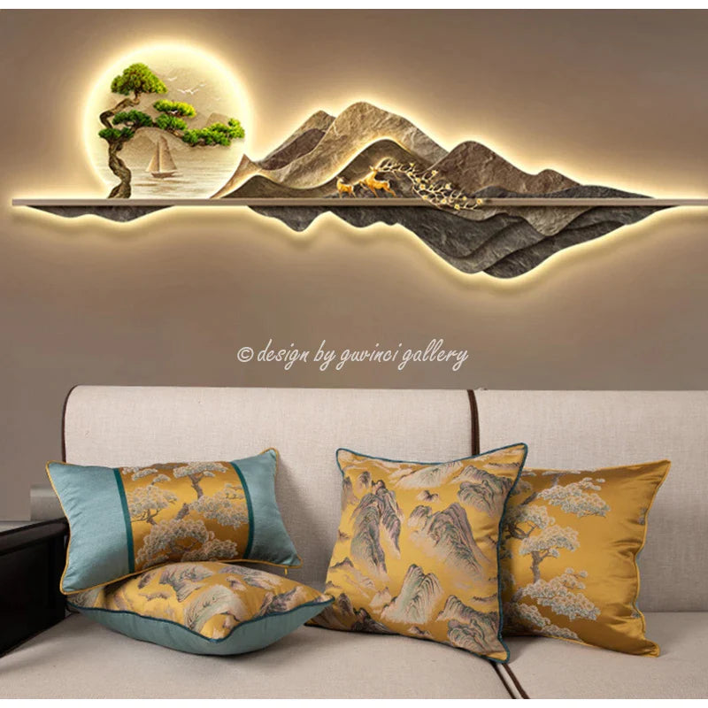 Afralia™ Luxury Gold Silk Satin Pine Tree Throw Pillowcase