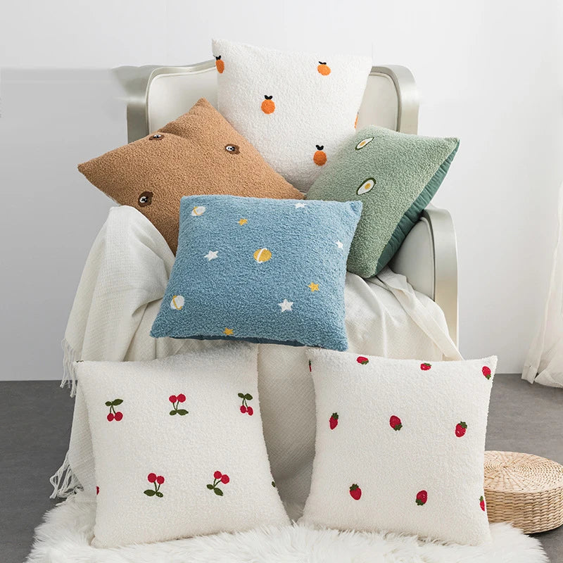 Afralia™ Teddy Fleece Embroidery Cushion Cover - Solid Color Cartoon Pillowcase