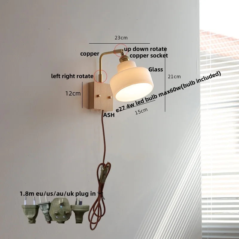 Afralia™ Brass Walnut Wood LED Wall Sconce with Pull Chain Switch & Flower Glass