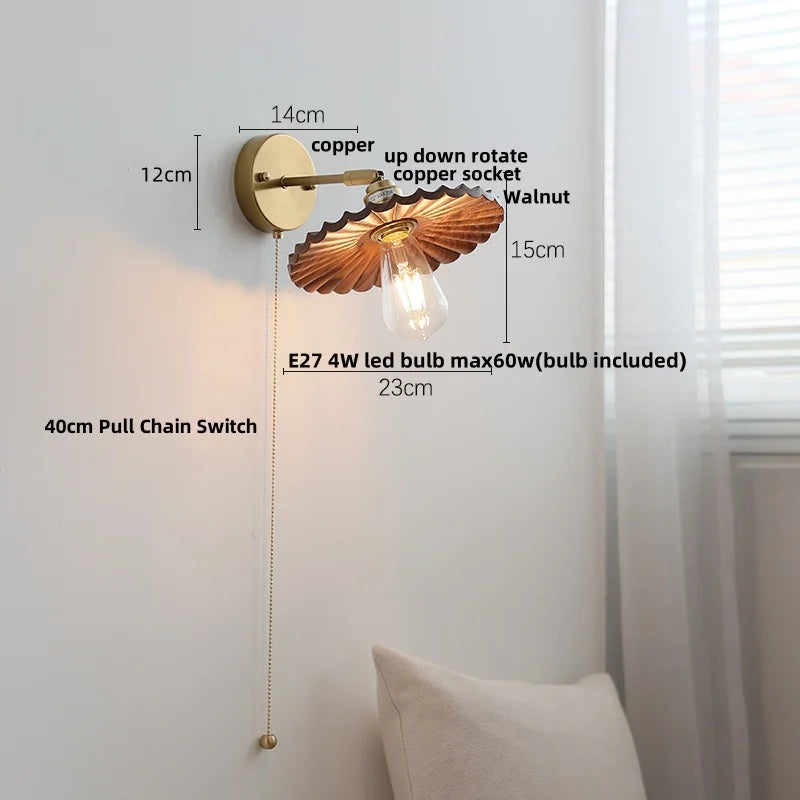 Afralia™ Walnut Wood LED Wall Light Fixture with Pull Chain Switch, Rotating Up Down Design