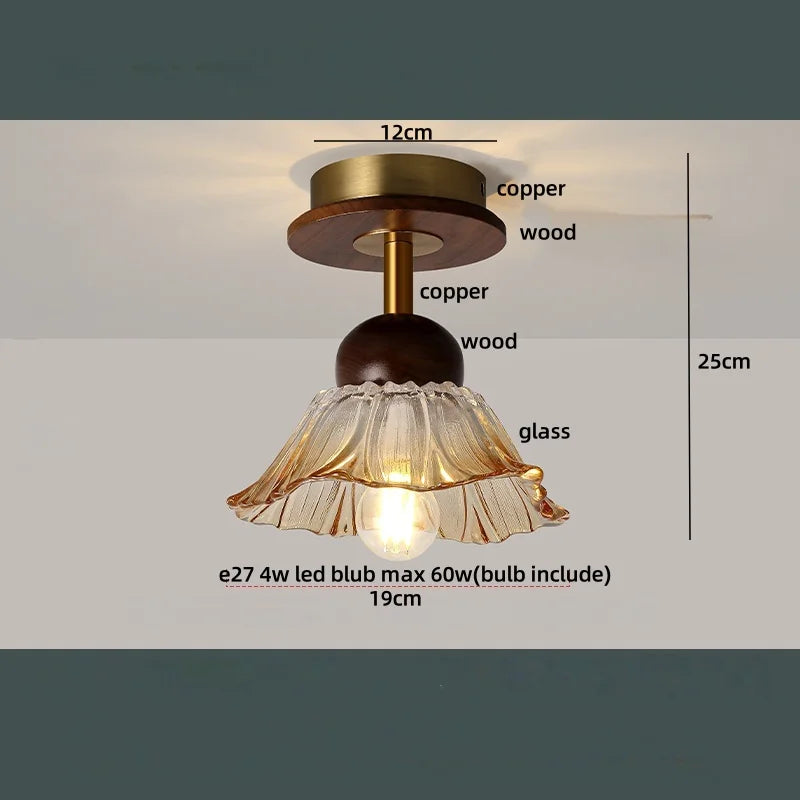 Afralia™ Nordic LED Ceiling Light Amber Glass Wood Brass Flush Mount Lamp