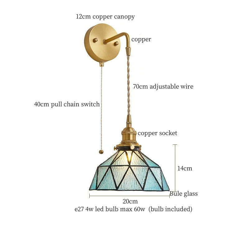 Afralia™ Tiffany Glass LED Wall Lamp Pull Chain Switch Vintage Copper Wall Lights