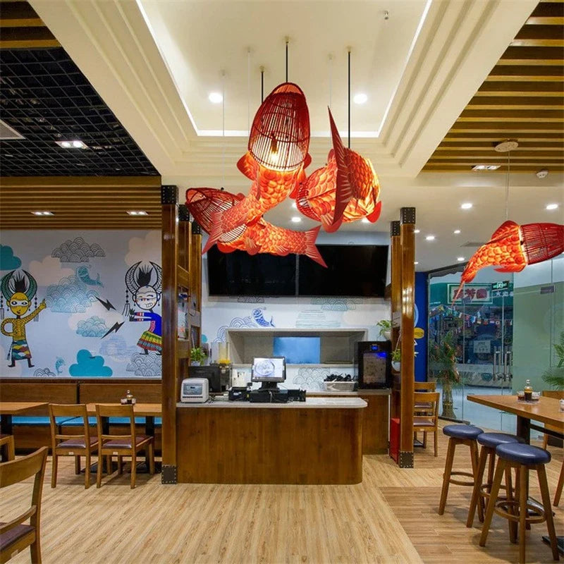 Afralia™ Bamboo Fish Pendant Light: Chinese Style Chandelier for Modern Living Room Decor