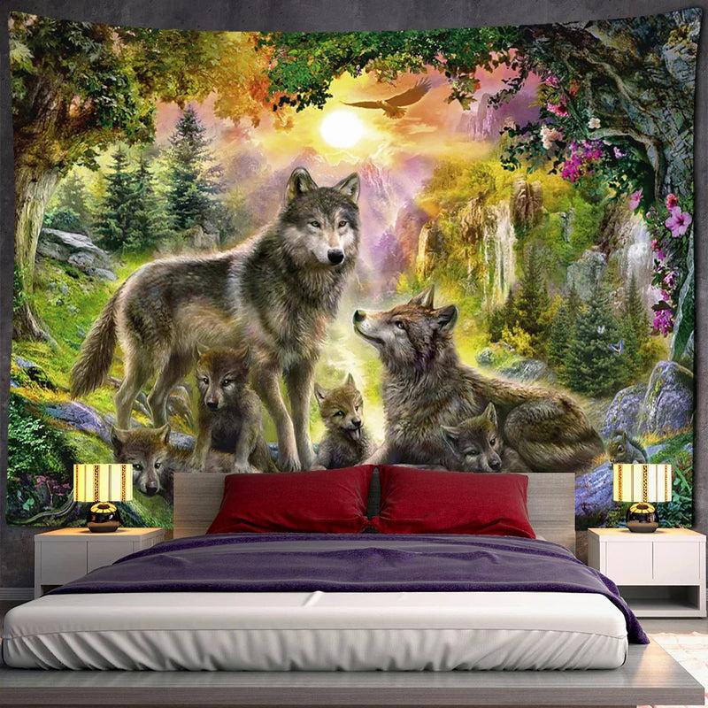 Afralia™ Wolf Forest Tapestry Wall Hanging Psychedelic Landscape Dorm Home Decor