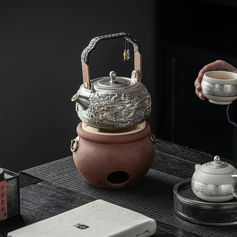 Afralia™ Longteng World Kung Fu Tea Set with Silver Pot, Vintage Year of the Loong Theme.